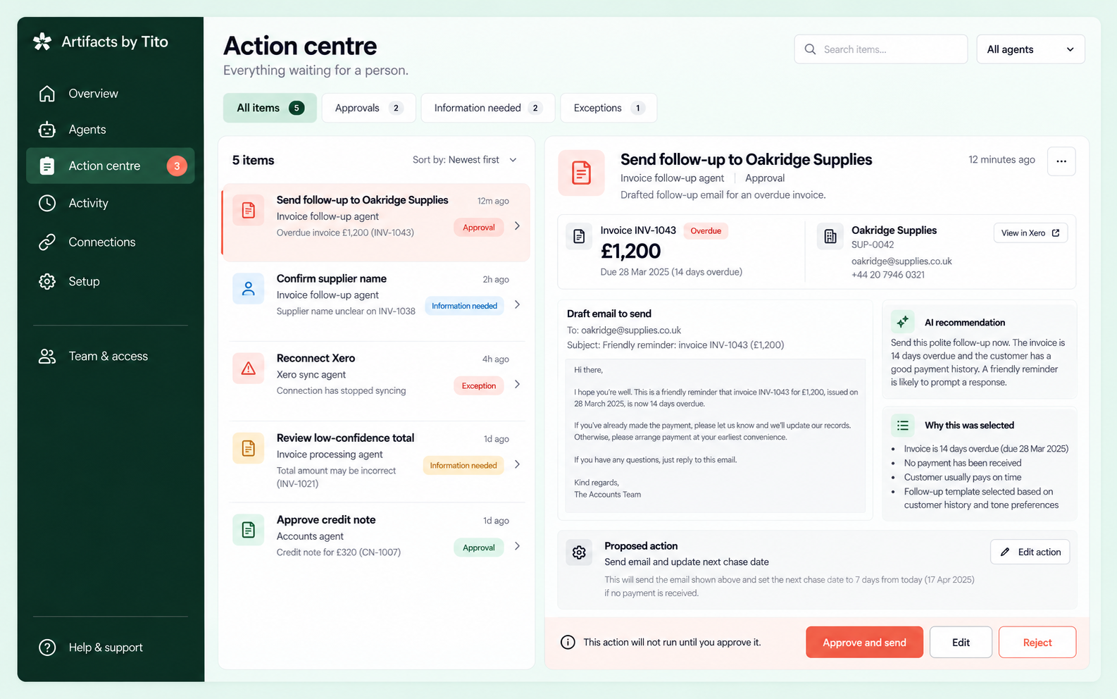 Action centre showing a customer approval request with evidence