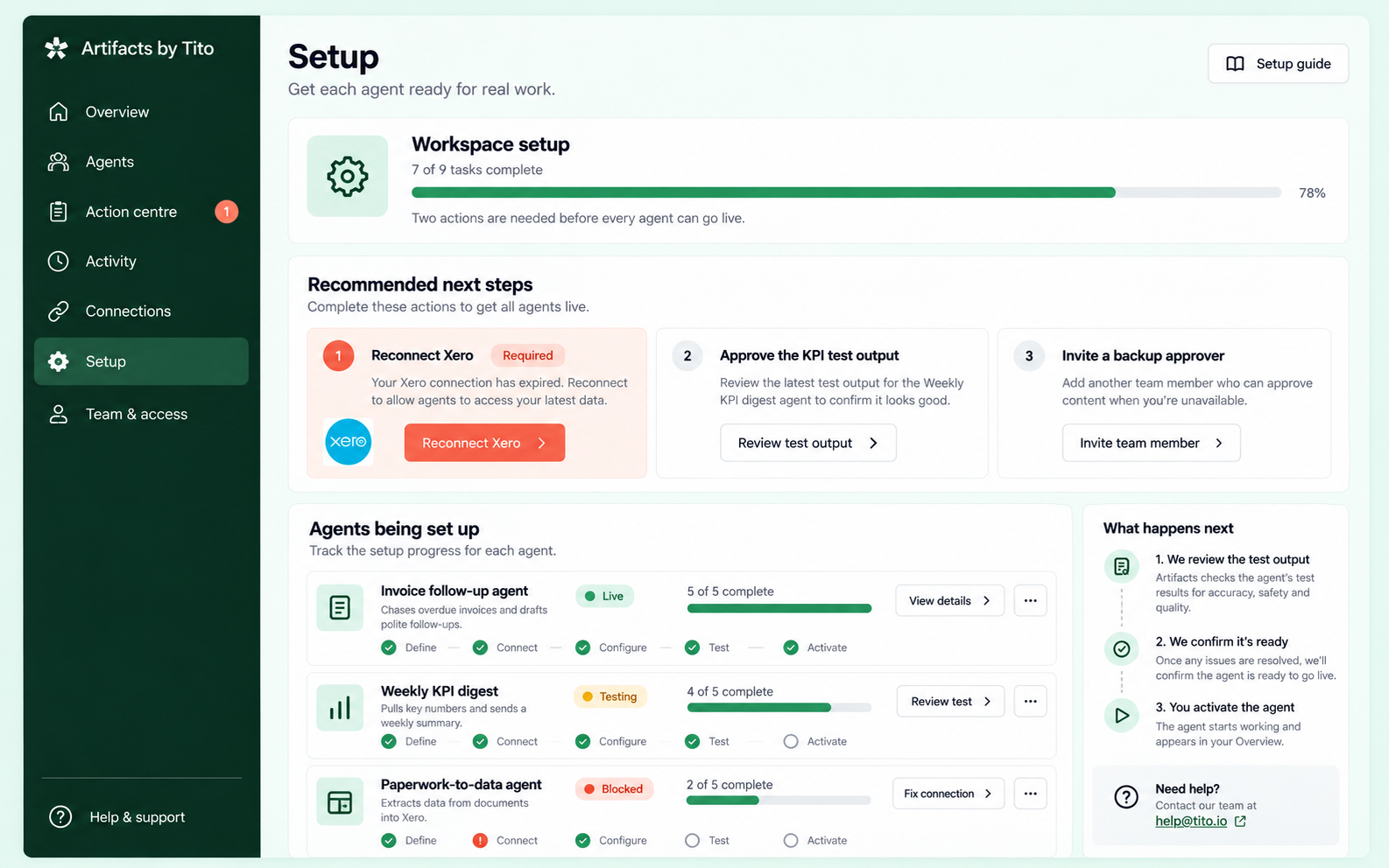 Managed agent setup hub showing progress and recommended next steps