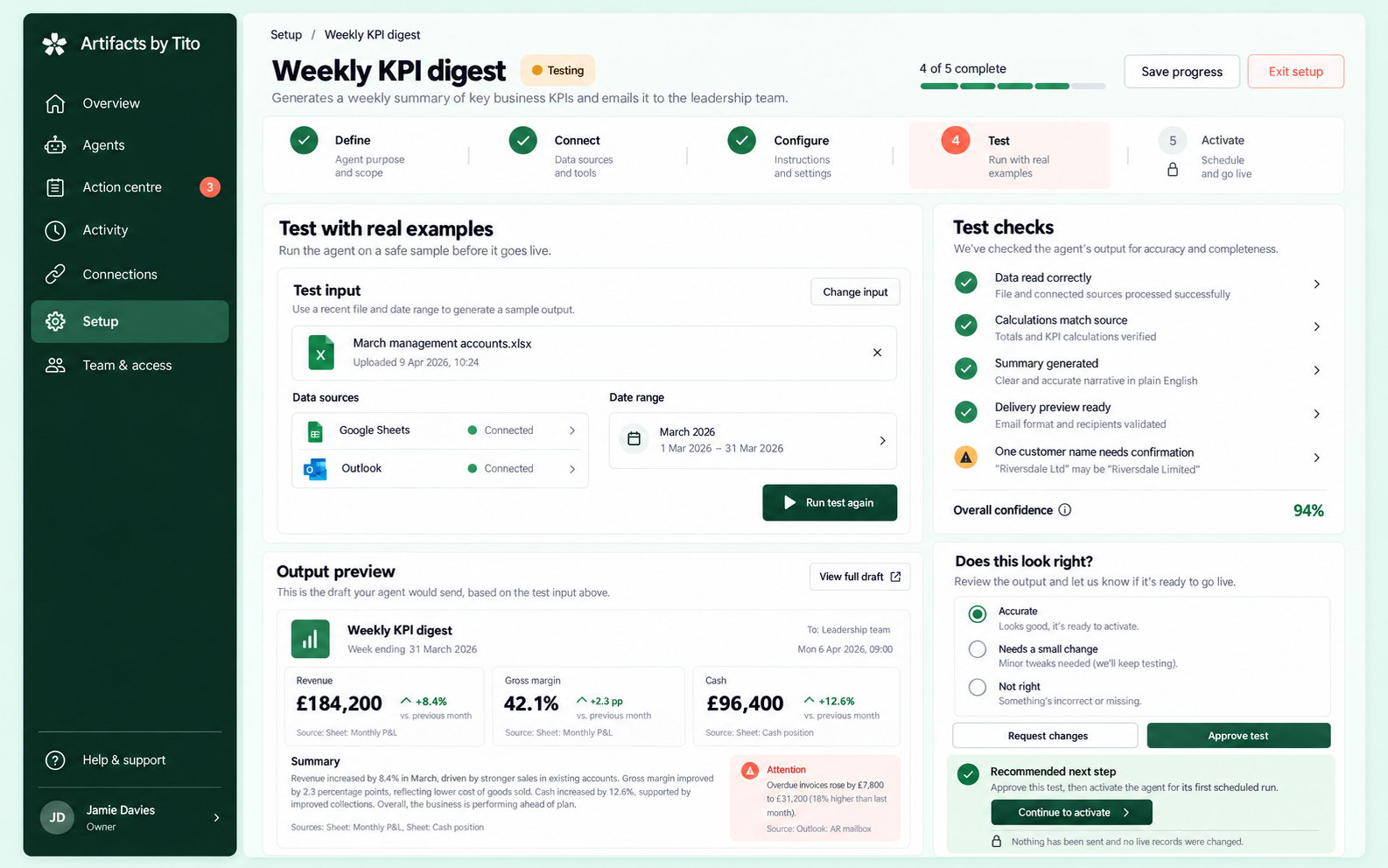 Safe testing page for a new managed agent before activation