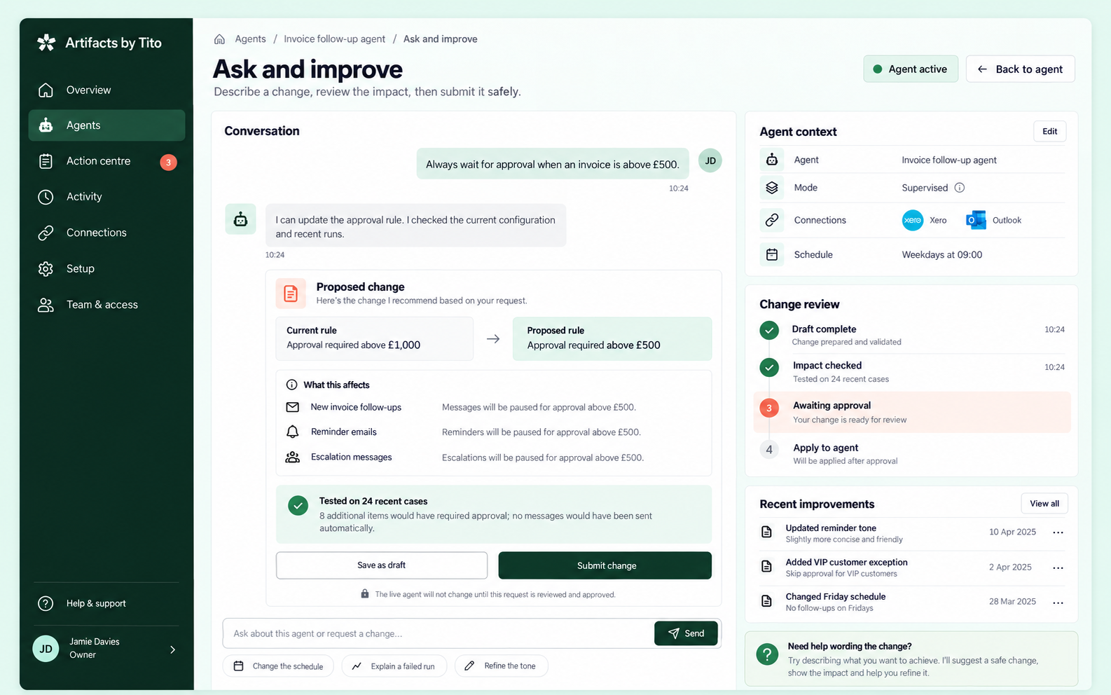 Ask and improve screen showing a reviewed configuration change